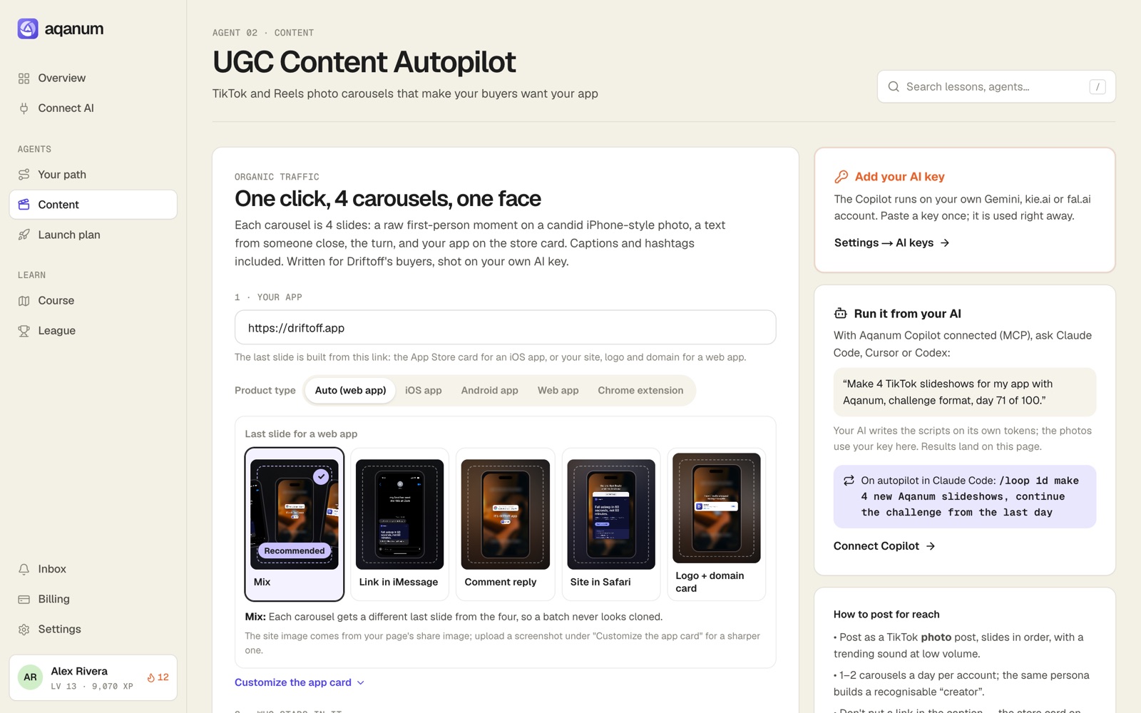 UGC Content Autopilot in the cabinet: app link, last-slide look and persona