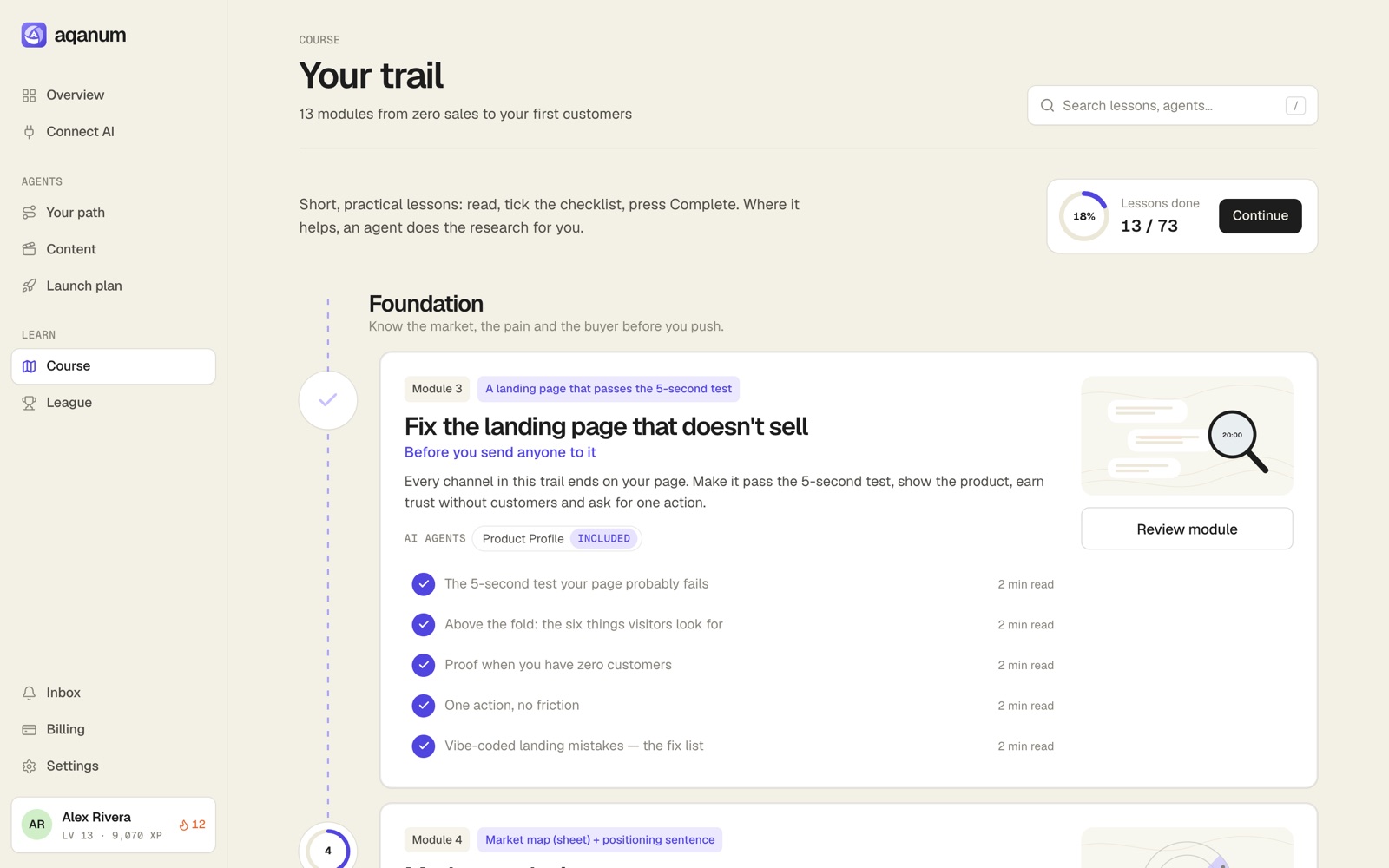 The course: modules with short lessons and the agents that help